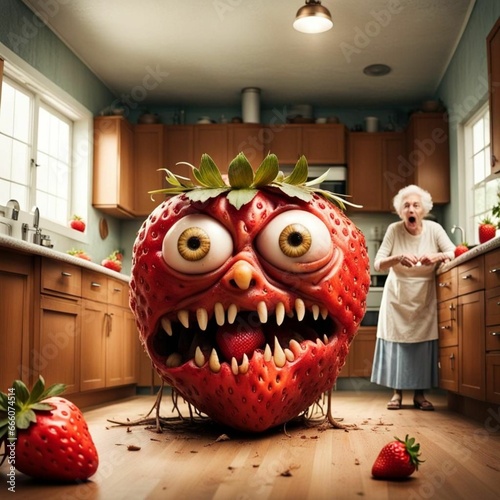 Funny red strawberry and grandmother