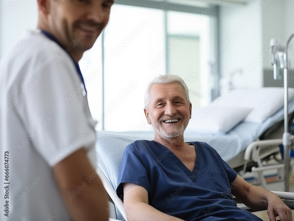 Obraz premium Expert Doctor Shares Happiness with Senior Patient in Hospital Room