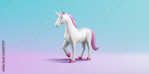 3d render illustration of unicorn horse with pink mane and tale, white animal, volume shape