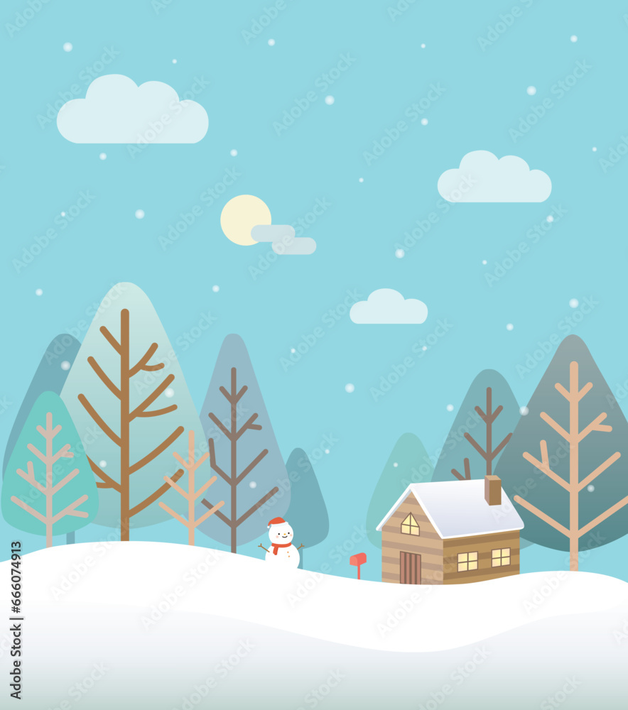 Illustration of a snowy winter landscape with a house, tree and snowman