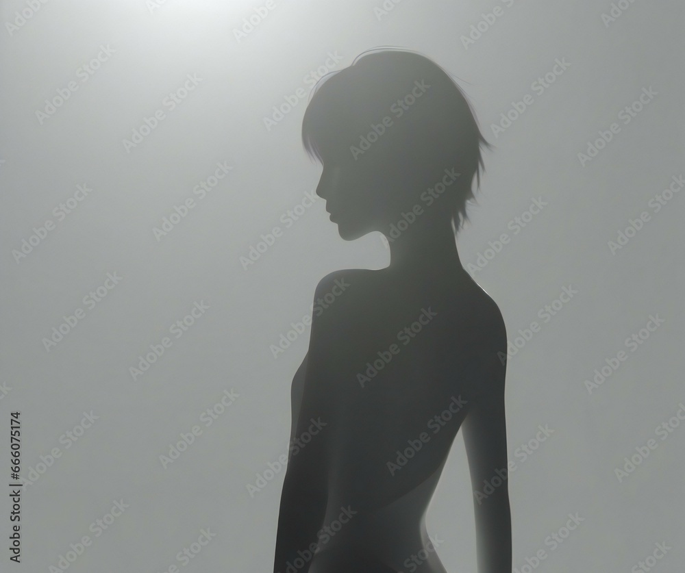Silhouette of a beautiful young woman on a gray background