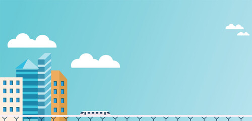 Acrylglasbilder Grüne Koralle city landscape with buildings, skyscrapers and transport traffic. Concept of smart city with different icons. Vector illustration.  © fraha6