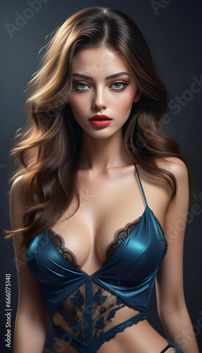 Beautiful young woman in blue lingerie over dark background   Beauty  fashion