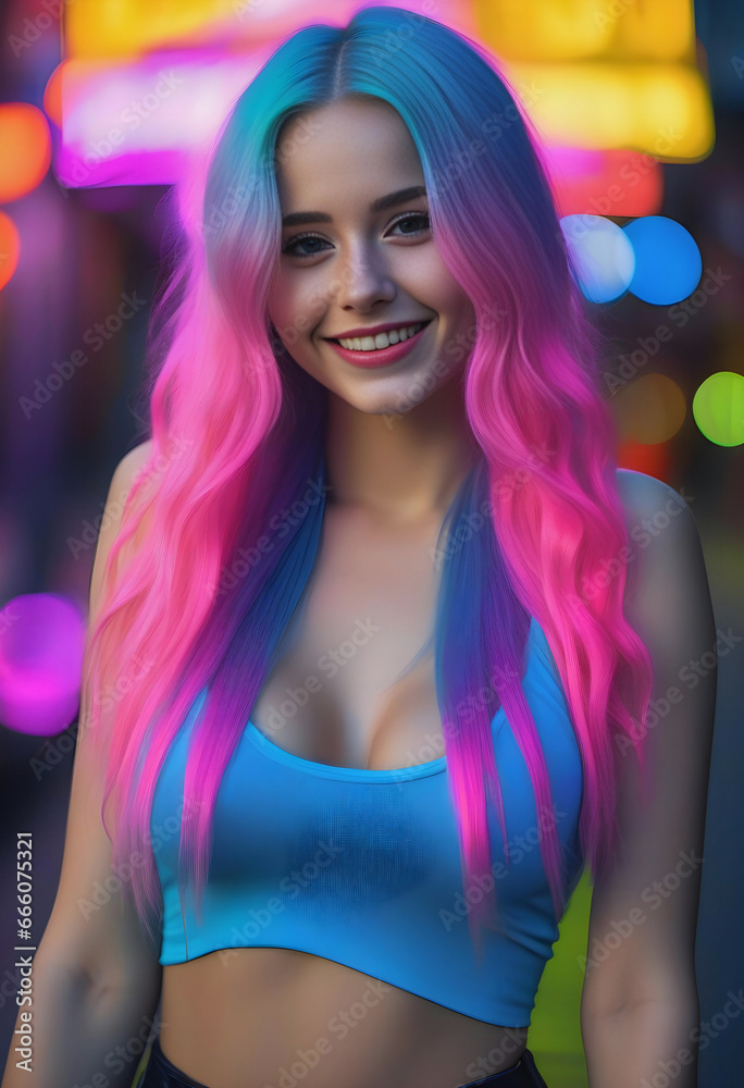 Beautiful girl with pink hair in a blue top on the background of neon lights