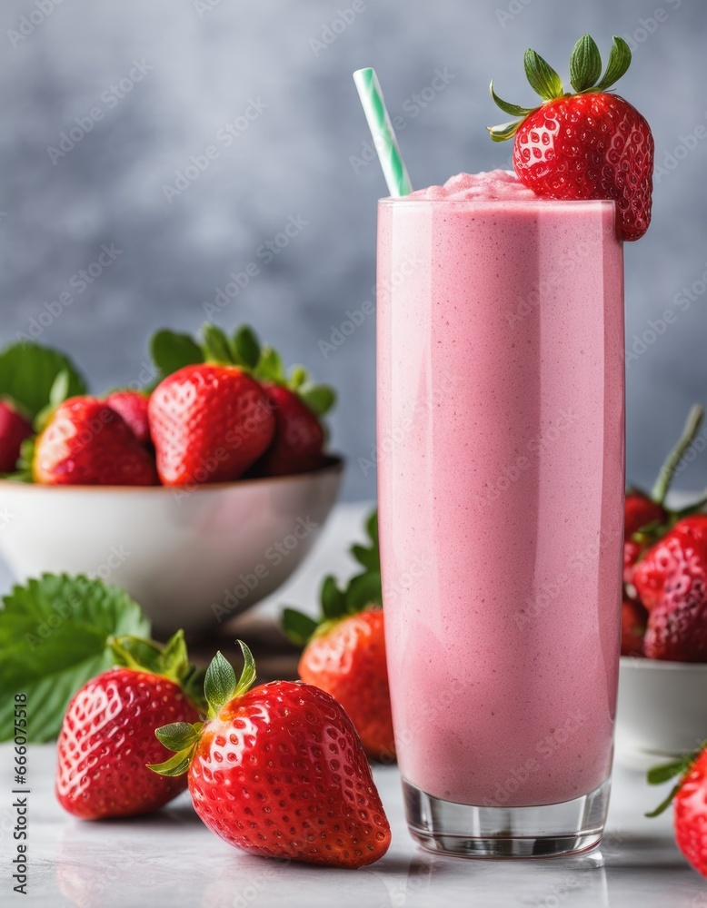 Strawberry milkshake with fresh berries and a straw Strawberry milkshake with fresh berries and a straw
