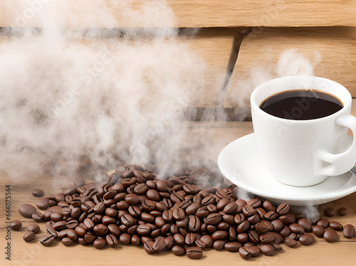 Freshly roasted coffee beans and steamed cup of coffee on a wooden background