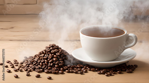 Hot coffee cup and coffee beans roasted on wooden background