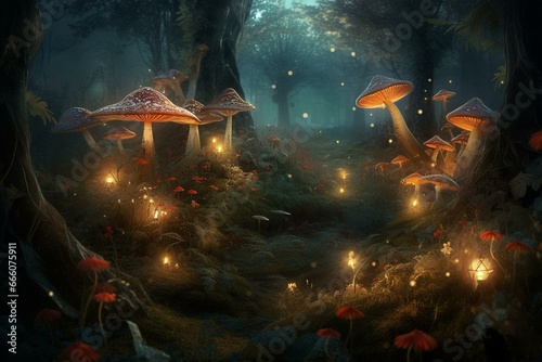 Enchanting forest with magical mushrooms, fairytale butterflies, and glowing fly agarics. Mystical darkness reveals magic light in this digital artwork. Generative AI