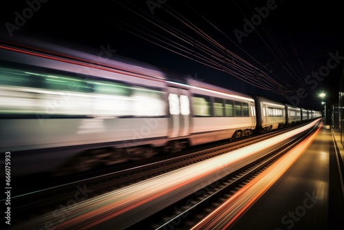 Abstract image of a fast train at night with motion blur. Generative AI