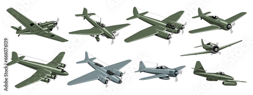 WWII Fighter Planes and Bombers. German and Japanese vintage military airplanes collection. Vector cliparts isolated on white.