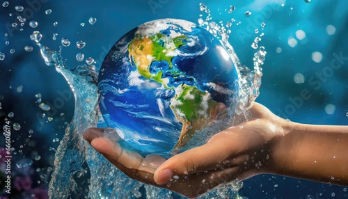 Saving the Planet: Hand Holding Earth with Water Splash