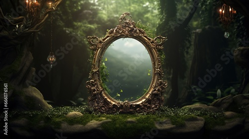 Mysterious mirror in the spooky forest with a fog