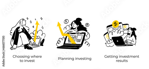 Business Concept illustrations. Scenes with men and women taking part in business activities. Vector illustration