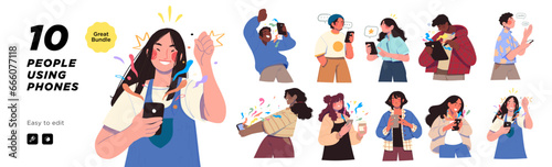 Young People use Smartphones, Chatting, making Selfie and listening Music. Happy Boys and Girls talking and typing on Phone. Female and Male Characters collection. Flat Cartoon Vector Illustration.