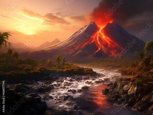 Exploded volcano with flowing hot lava to the nature, natural disaster