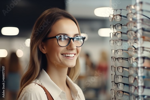 A woman chooses glasses for vision in a specialty store