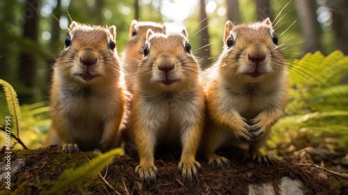 Group of funny chipmunks in the wild