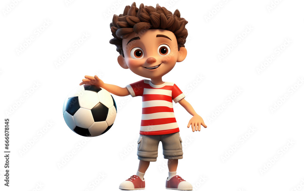Cute Boy Playing With a Soccer 3D Character Isolated on Transparent Background PNG.