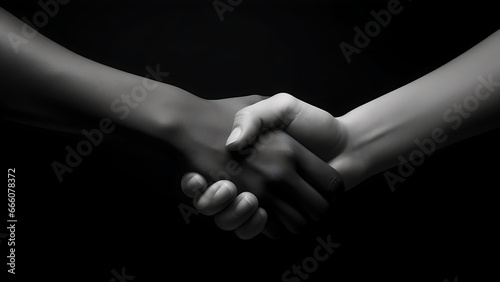 Handshake between black and white people on dark background.