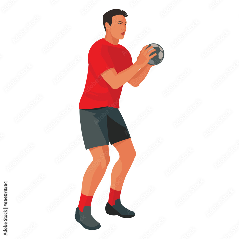 Asian handball player in a red T-shirt with a ball in his hands standing in a half-turn to throw at the goal, a handball player's stance