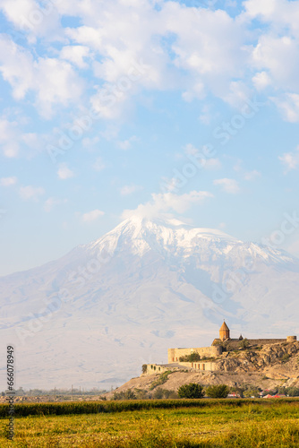Khor Virap monastery with Ararat mountain in background in Armenia on sunny autumn morning