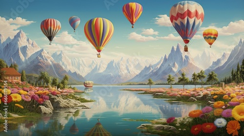  a painting of hot air balloons flying over a lake and mountains. generative ai