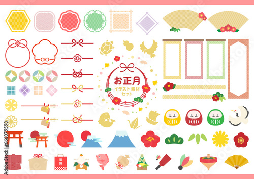 正月のアイコンセット、和風なデザインや年賀状の挿し絵に役立つ日本らしい独立したイラストのセット。