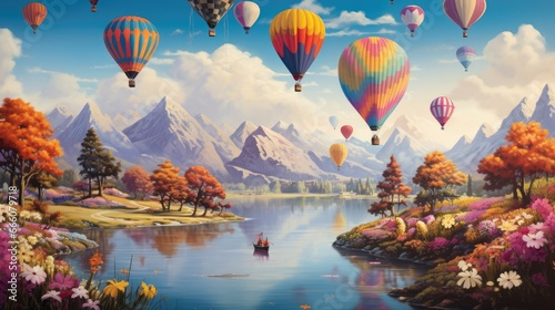  a painting of hot air balloons flying over a lake and mountains. generative ai