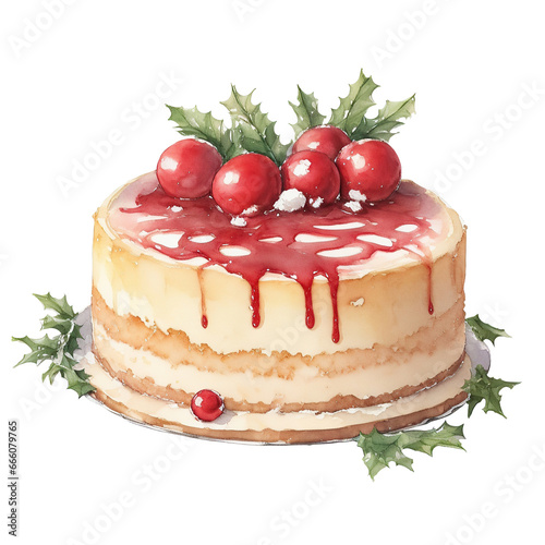 watercolor illustration, Christmas cake decorated with berries and branches of a Christmas tree, Christmas sweets, Christmas decorations