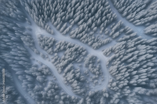 Aerial view of snowy forest with curvy road