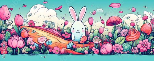 Fantasy spring setting with colorful flowers and cute rabbit