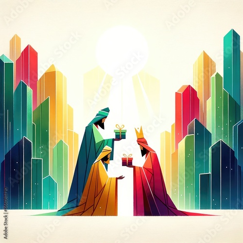 Colorful illustration of the three wise men with gifts