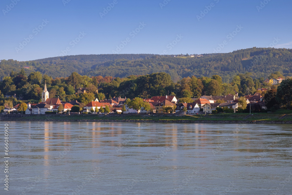 View of an Austrian village on a Danube river bank. District of Melk, lower Austria