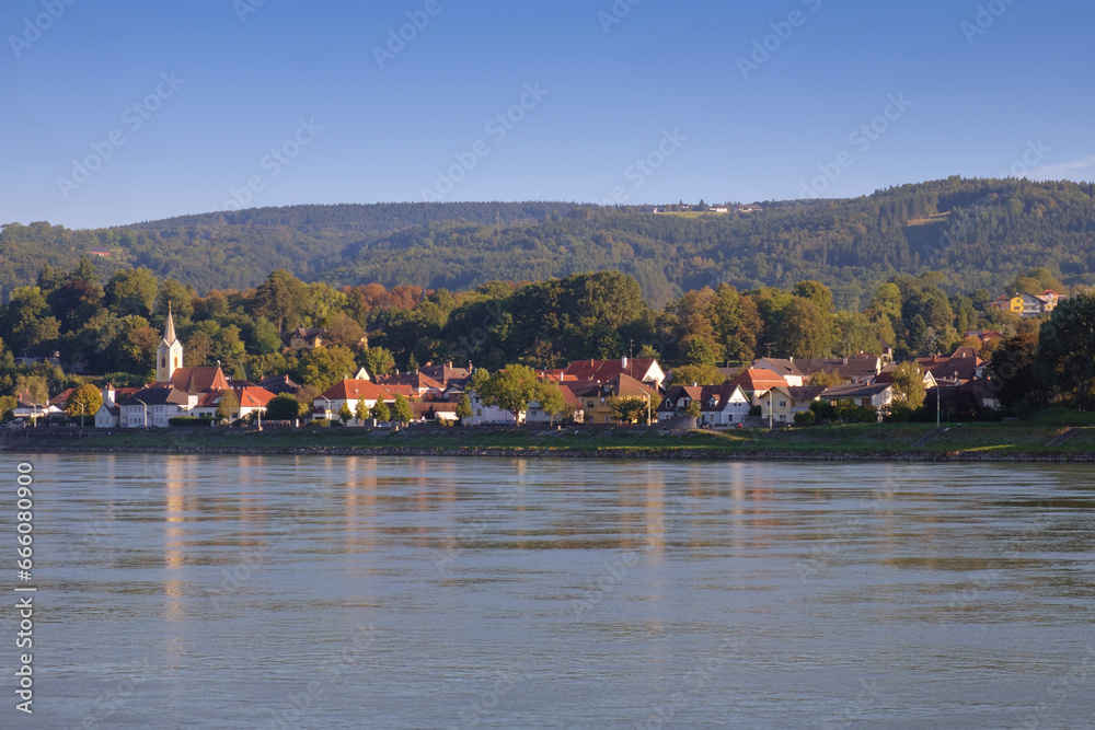 View of an Austrian village on a Danube river bank. District of Melk, lower Austria View of an Austrian village on a Danube river bank. District of Melk, lower Austria