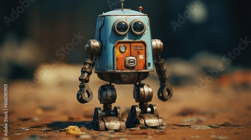 Illustration of a retro robot as a child's toy in a natural setting
