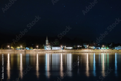Night view of an Austrian village on a Danube river bank. District of Melk, lower Austria