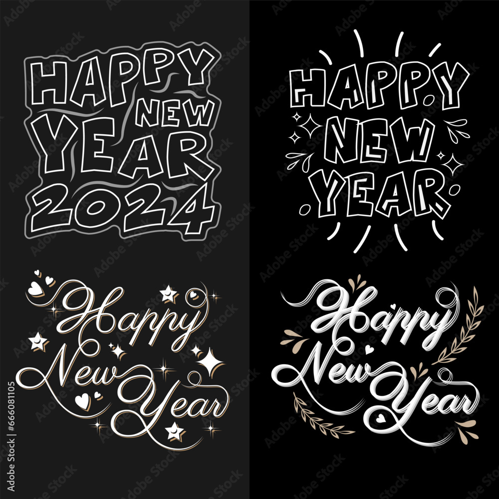 Happy new year typography lettering design. Vector illustration, handwritten calligraphic lettering composition of Happy New Year 2024 for t shirt or others.