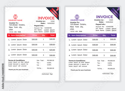Business Minimal Corporate Invoice design template vector illustration bill form price . Creative template and stationery design payment agreement design template Cash Memo, Vector Quotation Design