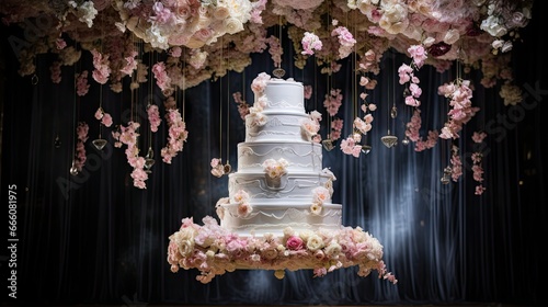  a wedding cake with pink and white flowers on a table. generative ai