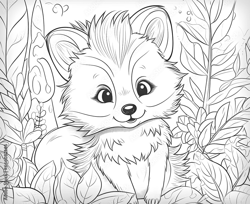 Obraz premium Black and white illustration for coloring animals, fox.