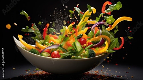  a white bowl filled with lots of different colored peppers and broccoli.  generative ai