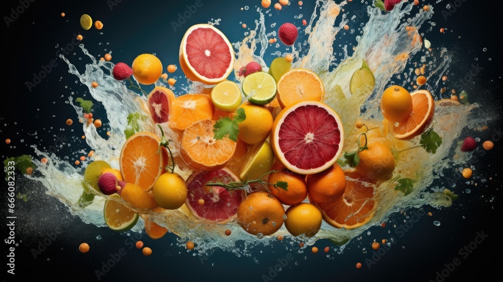  a bunch of fruit that is falling into the air with water.  generative ai