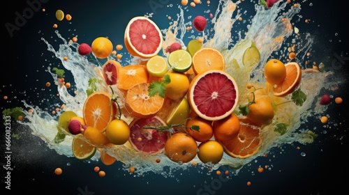  a bunch of fruit that is falling into the air with water. generative ai