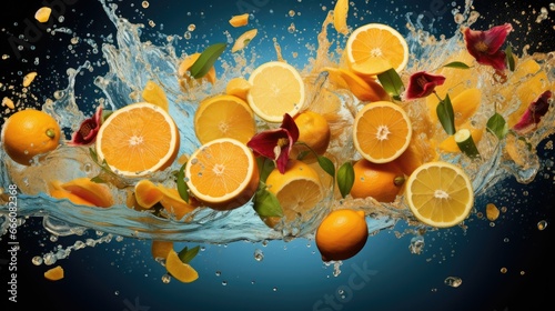  a bunch of oranges are falling into the water with splashes.  generative ai