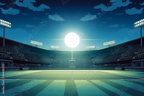 Illustration of a tennis court with floodlights in a stadium setting. Generative AI