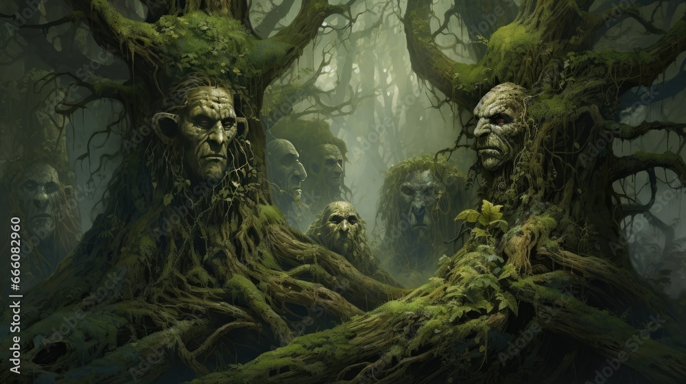  a group of creepy faces in a forest with mossy trees.  generative ai
