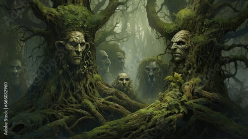  a group of creepy faces in a forest with mossy trees. generative ai