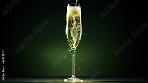  a glass of champagne being poured into it with a green background. generative ai