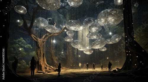  a group of people standing under a tree filled with bubbles.  generative ai