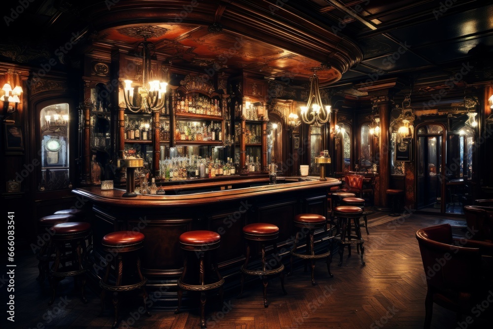 Dimly-lit Bar interior vintage loft. Interior ireland. Generate Ai